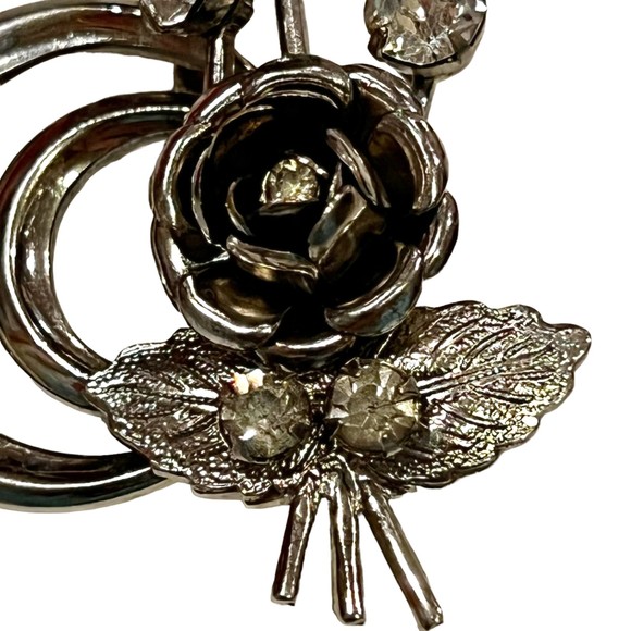 Vtg Art Deco Style Rose Brooch Pin Silvertone with Rhinestones - Picture 3 of 6